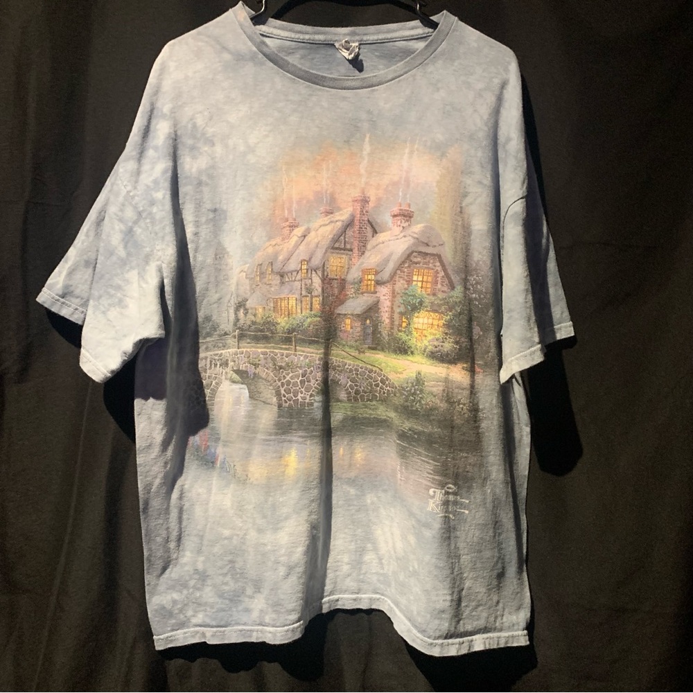 Thomas Kinkade, Blue Winter Cabin, Graphic Tie Dye T-Shirt  2XL Blue 24x29